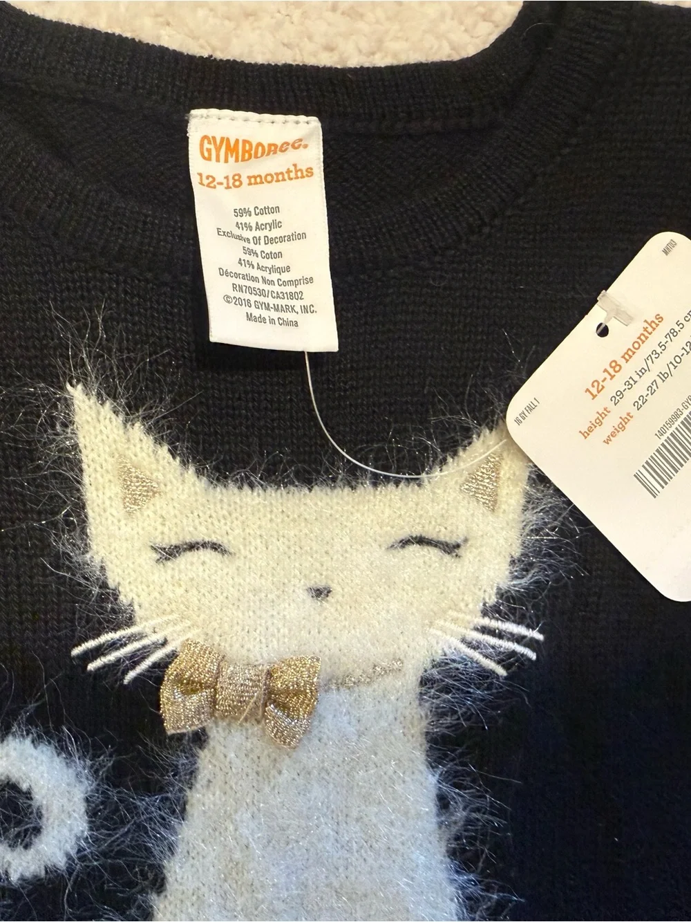 Gymboree black Dress with Cream Fuzzy Cat and Gold Bow